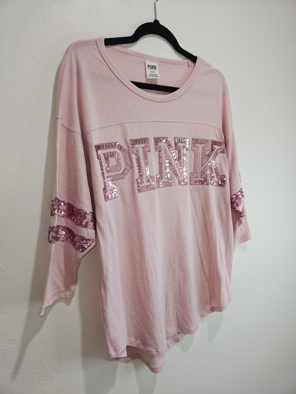 PINK Victoria's Secret Light Pink Sequin Logo Stripe Sleeve Tee Women's Medium - Picture 5 of 11